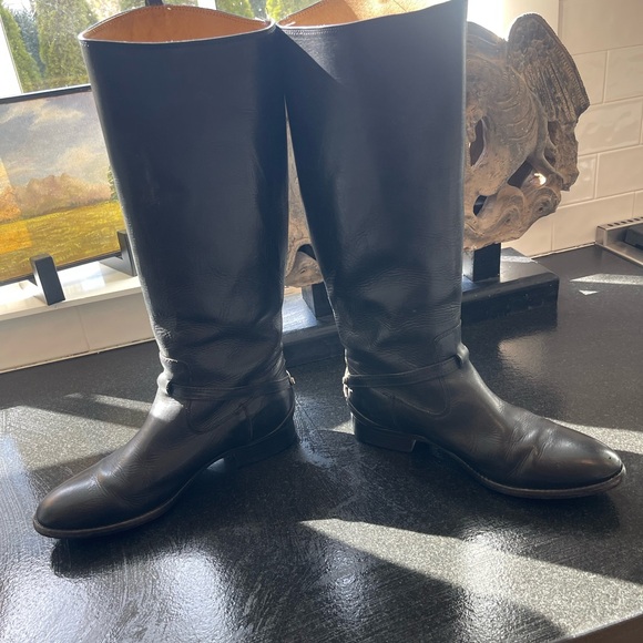 FRYE - Black Lindsay Vintage Plate Leather Knee-High Riding Boot SZ 9 - Picture 2 of 6
